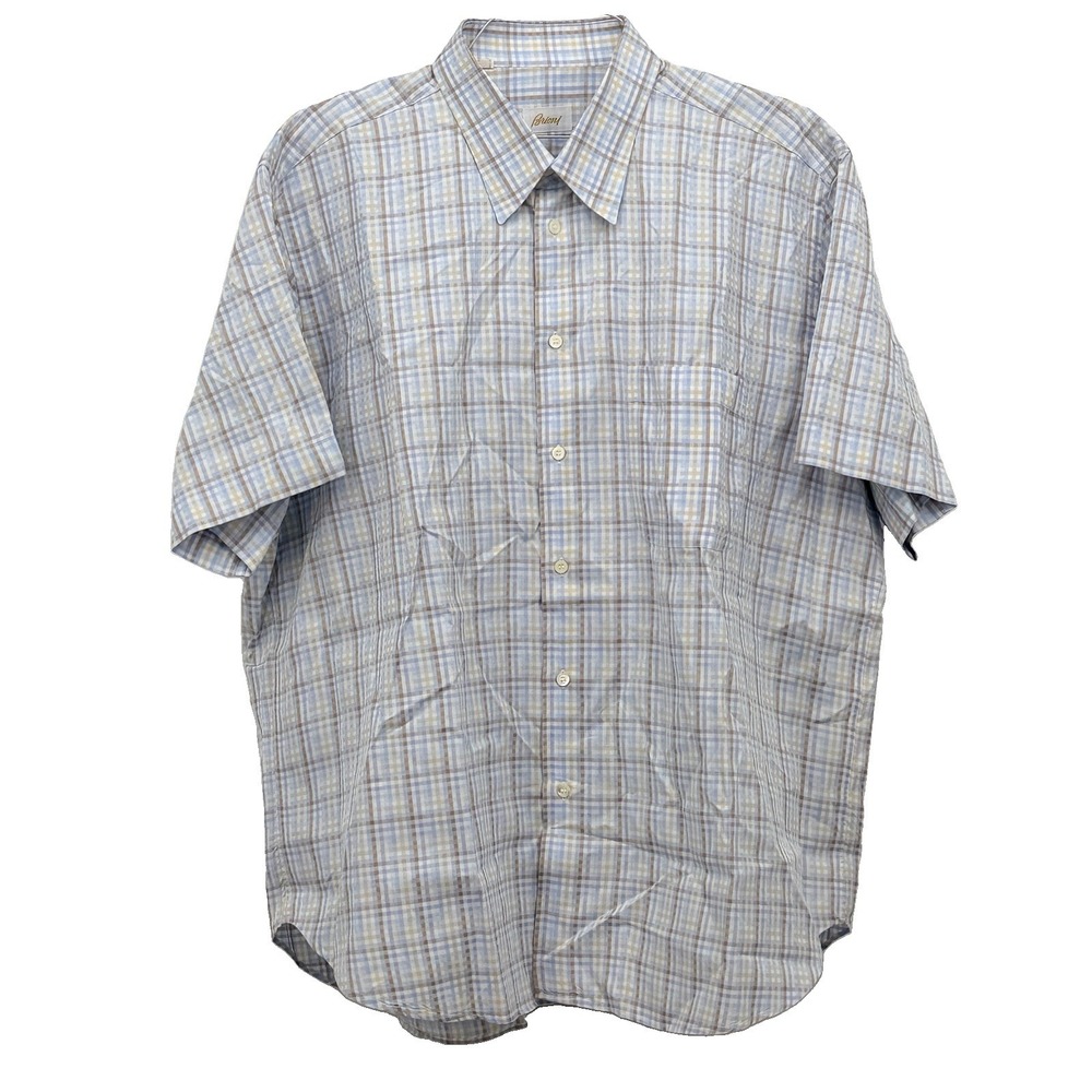Brioni Short Sleeve Cotton Dress Shirt Blue Brown White Italy XXL 2XL Checkered